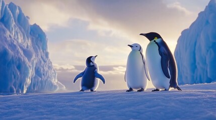 icy wonderland in Antarctica, towering blue glaciers, penguins waddling on the snow