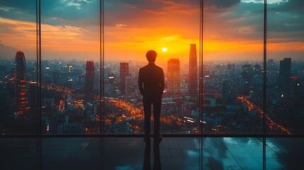 Fototapeta premium Confident Leader Overlooking Glowing Cityscape at Sunset Symbolizing Vision and Ambition