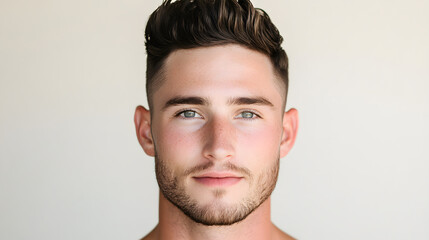 Obraz premium Portrait of a young man with short brown hair, light stubble, and striking eyes. He exudes confidence and a modern, approachable style. Simple background. 