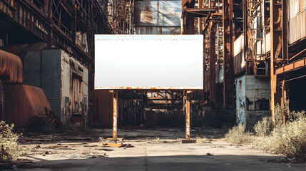 white billboard placed in an abandoned industrial area with rusted structures in the background 