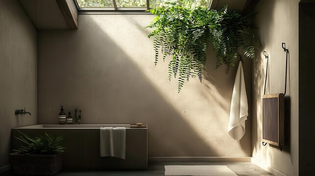 Greenhouseinspired bathroom with a skylight, hanging ferns, and a floral wall