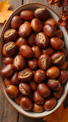 Obraz premium Fresh chestnuts in bowl, showcasing their shiny brown shells and rich texture. Perfect for autumn gatherings