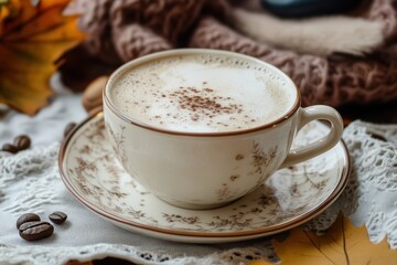 Obraz premium Warm coffee cup cradled in autumn leaves surrounded by cozy textures on a cool day