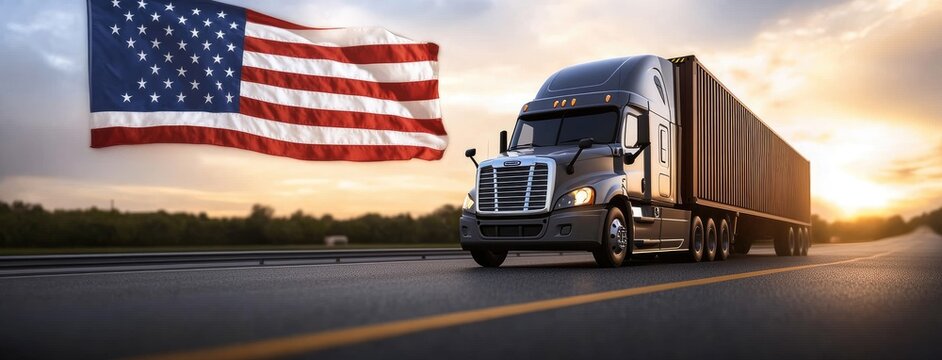 Large cargo truck drives down the highway with an American flag blurred in the background, while a tennis ball flies nearby