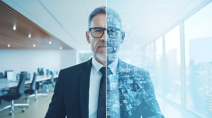 Businessman in a modern office with a split-screen effect merging human intelligence with digital artificial intelligence representing futuristic business transformation and technological innovation