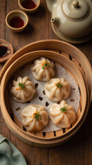 Fototapeta premium Steamed dumplings in bamboo steamer with tea and sauces