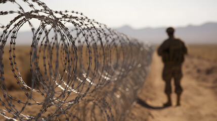Secured Perimeter: Razor wire obstacle in a desert landscape, with a blurry figure in military clothing standing guard nearby.