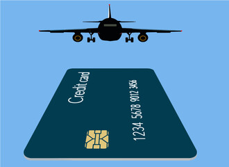 An airplane and a credit card are seen in the sky in this 3-d illustration about air travel and perks and miles offered to flyers who use credit cards.