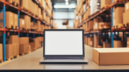 Workspace setup in a warehouse with a laptop and storage boxes during daylight