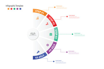 modern business half circular infographic template design with icons and 5 process steps or options. Can be used for slides, diagram, presentation or web design. Vector illustration