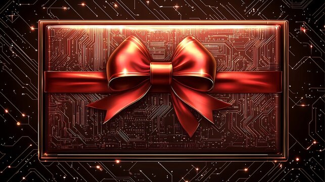 Red ribbon elegantly adorns digital gift box warm lighting. AI Generated