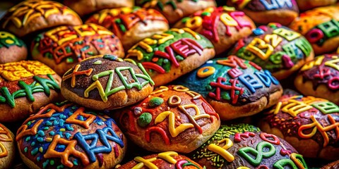 Fototapeta premium Abstract Food Typography: Chaotic Alphabet Letters & Lines Pattern on Delicious Baked Goods