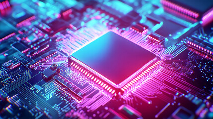 Close-up view of a processor chip illuminated by neon lights in a futuristic data flow design