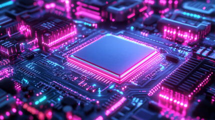 Obraz premium Futuristic processor visual with neon lights showcasing intricate details and glowing patterns