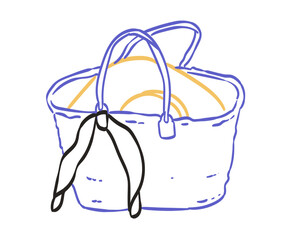 Elegant hand drawn straw bag with hat inside. Female summer beach style tot in doodle line art style. Wicker french bag drawing or vector illustration in blue and yellow colors.