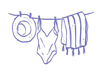Summer beach accessories dried on a rope. Straw hat, woman one piece swimsuit and blanket hanged wet with clothespins. Summer theme vector illustration in ink doodle hand drawn line art style.