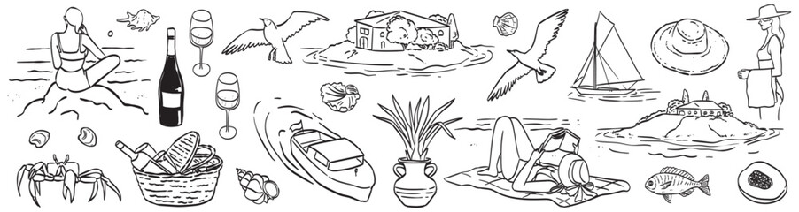 Italian, Spanish or French summer vacation doodle style illustration set. Vector ink hand drawn Italy coast sea or beach elements. Sea weekend or rest collection for invitations to beach party, picnic