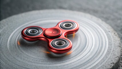 Red fidget spinner in motion, dynamic and engaging, representing stress relief against a minimalistic backdrop