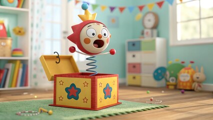 Obraz premium Jack-in-the-box toy popping open, surprising and playful, embodying joy and excitement against a colorful playroom backdrop
