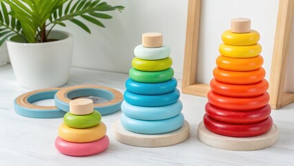 Colorful stacking rings, educational and vibrant, representing early learning against a bright and cheerful setting