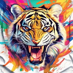 Fierce tiger portrait roars amid vibrant paint splashes, symbolizing wildlife art for creativity projects