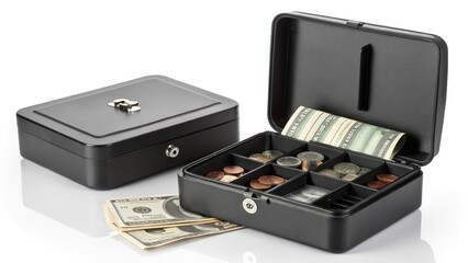 Black cash box with a practical mood representing security against a white backdrop