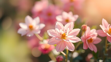 Obraz premium Pink Flower Delicate Bloom: A close-up shot of a delicate pink flower in a field, bathed in warm, golden sunlight. The petals are soft and smooth, with a gentle blush of color.