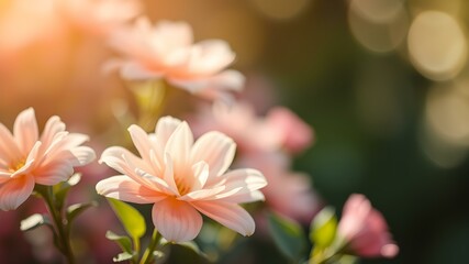 Fototapeta premium Peach Blossom in Sunlight: Delicate peach-colored blossoms bathed in the warm glow of sunlight. The soft petals and gentle light create a serene and peaceful atmosphere.