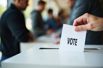 A close-up of a hand placing a ballot into a ballot box labeled "Vote." The background is blurred, showing people waiting in line to vote