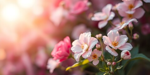 Pink Roses in Sunlight: Delicate pink and white roses bask in the warm glow of the setting sun, their petals softly illuminated, creating a romantic and serene atmosphere.