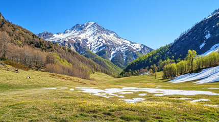 Obraz premium Serene mountain valley in early spring with blooming flowers and melting snow