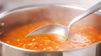 Hot Vegetable Soup Simmering in a Steel Pot with Steam Rising