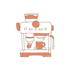 illustration of coffee machine and glass inside with line art and pastel orange color. coffee poster design concept. wall art coffee cafe design for home decor. minimalist line art. white background