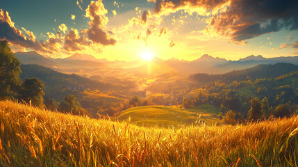 Obraz premium Golden sunset over rolling hills and valley