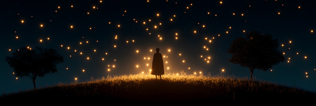 Night Wanderer: A cloaked figure stands on a hill illuminated by floating lights, creating a mystical and enchanting atmosphere under the dark sky.
