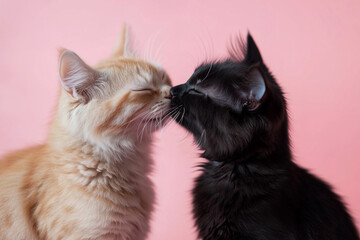 Affectionate couple of cats in love about to kiss, isolated on a pink background Valentine's Day