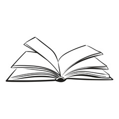 Open book hand drawn on transparent background. Vector image drawn with black lines.