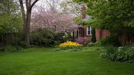 Obraz premium Springtime home surrounded by lush greenery and blooming trees, embodying serene natural beauty.