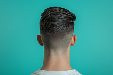 Fototapeta premium Back view of a man's head with a stylish haircut isolated on a color background
