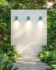 A trapezoidal white wall with four teal spotlights in an outdoor pavilion surrounded by lush greenery and natural stone tiles.