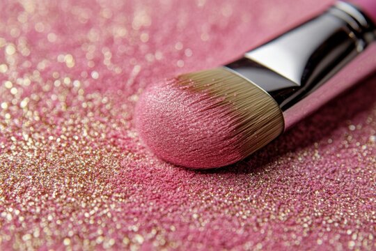 Maquillaje. Brochas para Maquillaje Doradas sobre Fondo Rosa