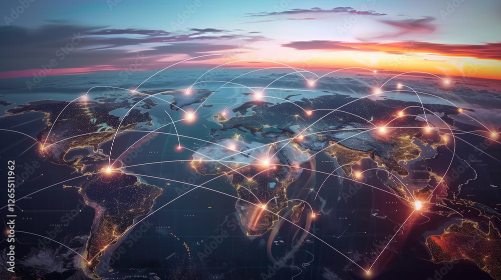 Poster World Map with Glowing Network Connections at Sunset. Top View of Earth with Luminous Links Between Cities, Representing Worldwide Communication and Data Exchange.