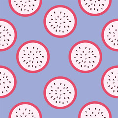 Fototapeta premium Vector seamless pattern with dragon fruit slices,half cut. Fruit pattern for wallpaper, food wrapping paper, fabric, spring and summer holidays.