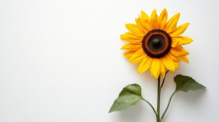 Obraz premium single sunflower, flat white summer background, copy and text space, 16:9
