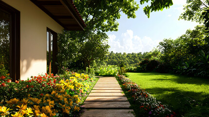 Fototapeta premium Stone Pathway through a Lush Garden by a House
