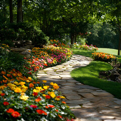 Stone Pathway Through Vibrant Flower Garden