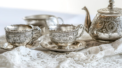 Fototapeta premium Elegant Silver Tea Set with Intricate Designs on Lace Tablecloth