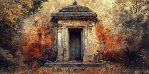 Ancient stone doorway stands with weathered walls and vegetation