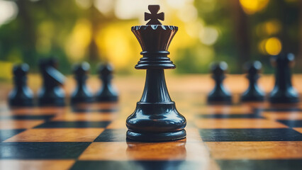 a black chess king piece standing tall on a chessboard with other pieces around it, in the background out of focus is the  golden autumn leaves of trees. The king piece is the focus of this image.