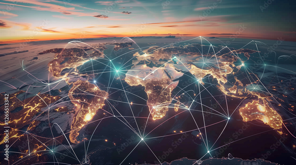Poster World Map with Glowing Network Connections at Sunset. Top View of Earth with Luminous Links Between Cities, Representing Worldwide Communication and Data Exchange.